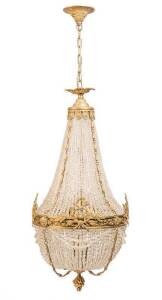 CHANDELIER: Gilt metal & crystal basket style hanging light, early 20th century. Height 100cm, width 50cm
