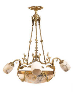 French gilt metal & alabaster ceiling light, early 20th century. Height 140cm, width 80cm