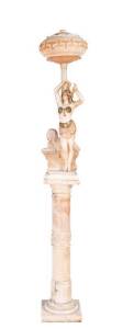 Art Deco alabaster standard lamp carved with an Egyptian dancer & sphinx. 230cm