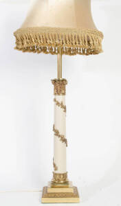 TABLE LAMP: Cream enamel & brass Corinthian column base with cream shade. 80cm