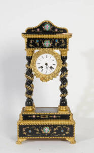 PORTICO CLOCK: French 19th century, ornate ebonized case with gilt metal adornments. 48cm