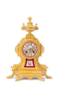 French gilt metal porcelain mounted mantle clock, 19th century, 35cm high.