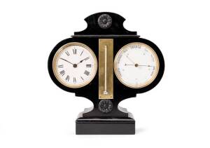 French brass mounted and ebonised wooden cased harbour clock with barometer and central thermometer, 29cm high