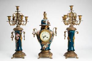 French 19th century 3 piece clock set. Floral green porcelain and gilt metal with candelabra garniture. 57cm.&nbsp;