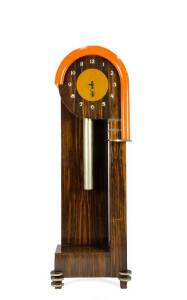 Art Deco Grand father long case clock, walnut veneer & chrome with orange trim, c1920s. 174cm