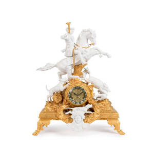French gilt metal mantle clock with bisque porcelain hunting scene figure group, 20th century. 65cm
