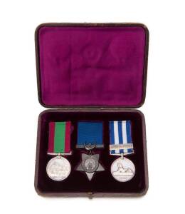 WAR MEDALS: Afghanistan 1878-79-80; Egypt 1882-89 with bar (Tel-El-Kebir); Kehdives Star 1882. Group of three in original plush box embossed with recipients name (32937. Bomb'r ) Percy Saunders Artillery. Very fine+