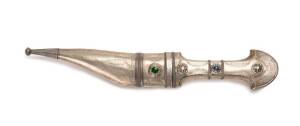 PERSIAN DAGGER: Silver plated hilt & scabbard set with star sapphire & jade. 32cm
