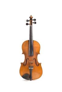 VIOLIN: German trade violin, possibly Dresden c1910 with two bows and leather case.