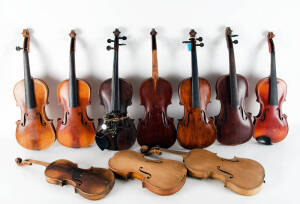 Group of 10 violins, vintage and antique, various makers and sizes. Condition varied