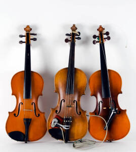 VIOLINS: Group of three vintage violins (one electrified) and two cases.&nbsp;