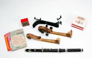 Luthier's group including violin parts, antique flute, sheet music and books, ephemera, etc.&nbsp;