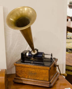EDISON Cylinder phonograph with brass horn, c1900.