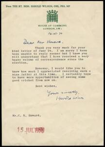 BRITISH PRIME MINISTER: - HAROLD WILSON (1916-95, British Prime Minister 1964-70 & 1974-76), signed letter on "House of Lords" letterhead, dated 14th July 1970.