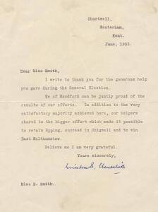WINSTON & CLEMENTINE CHURCHILL. Nice signatures on single page letters. 2 items, circa 1950's