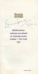 EDWARD HEATH (British Prime Minister 1970-1974): Signature in Concorde menu; accompanied by a book "A Crown of Beauty".