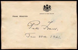 NEW ZEALAND PRIME MINISTERS: Peter Fraser signature on "Dominion of New Zealand, Prime Minister" notepaper dated June 28th 1941; plus Robert Muldoon signed letters (3) & photographs (2).