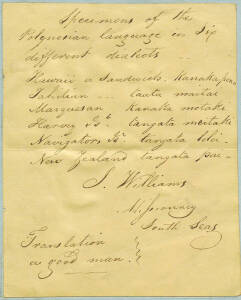 JOHN WILLIAMS (1796-1836, British missionary eaten by cannibals in Vanuatu), signature on page together with the translation of "a good man" in six Polynesian dialects.