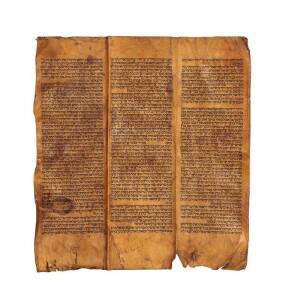 JUDAICA - TORAH SCROLL: A complete sheet of parchment [62 x 58cm] of red calf skin, preserved from a damaged torah scroll; 16th Century Italian style lettering and line format; with 50 lines per column. Numbers 3:44 - 6:4.