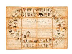 'The New Game of Human Life'. A table-top game of moral improvement published July 1790 by Wallis & Newbery, London. Comprising of a hand coloured engraving mounted in 16 sections on linen, the game is divided into 84 numbered panels each representing a y