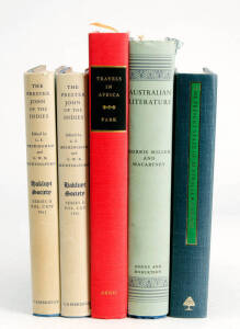 A small library of books including "Journal of the Voyage to New South Wales" by John White [2002 Melbourne reprint]; "H.M.Bark Endeavour" by Ray Parkin [Melbourne, 1997]; "Historical Records of New South Wales" [Syd, 1892] in 4 volumes; assorted travel b