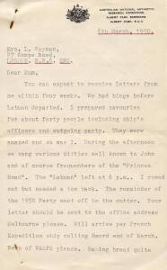 1950 ANARE ANTARTIC EXPEDITION: Archive from a member of the expedition to his mother, noted long letters (10), telegrams (4) & cables (6); plus copies of Press Releases & ephemera. Fascinating group.