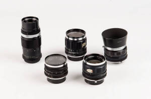 MINOLTA (Japan): Minolta manual focus lenses (pre MC). A group of (5) lenses with Auto Rokkor HG 35mm f2.8, Rokkor QE 35mm f4, Auto Rokkor PF 58mm f1.4, Auto Tele Rokkor QE 100mm f3.5 and a Rokkor TC 135mm f4. Most with front and rear caps and a case.