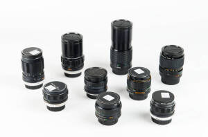 MINOLTA (Japan): Minolta manual focus lenses (MC/MD). A group of nine lenses comprising: MD and MC 28mm f3.5, MC 35mm f2.8, MC 58mm f1.4, MD 50mm f3.5 macro, MC 135mm f 2.8 and f3.5, MD 200mm f4 and MD Zoom 35-70 f3.5.