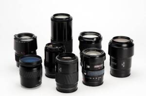 MINOLTA (Japan): Minolta autofocus zoom lenses (8). The lenses comprising:AF 28-80 f3.5-5.6 with rear cap and filter in box.AF 35-105 f3.5-4.5 with caps and hood in case.AF 35-105 f3.5-4.5 with caps in case.AF 35-200 f4.5-5.6 with caps and hood in case.AF
