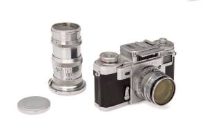 ZEISS (Germany):&nbsp; Zeiss Ikon Contax IIIa SN D78010 with Carl Zeiss Sonnar 50mm f2 SN 1448724. With generic yellow filter and maker's leather ERC together with a Carl Zeiss Jena lens Sonnar (Contax mount) 13.5 cm f4 SN 2233094.