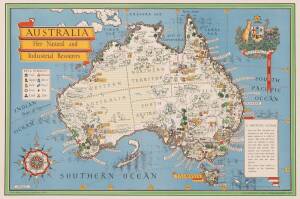 1950 poster/map "AUSTRALIA, Her Natural and Industrial Resources", artwork by MacDonald Gill, printed for H.M. Stationery Office by Alf Cooke Ltd, colour lithograph, size 50x76cm, linen-backed.&nbsp;