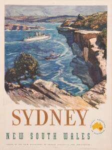 c1950s travel poster, "SYDNEY, New South Wales", artwork by J.Richard Ashton (1913-2001), published by The NSW Department of Tourist Activities and Immigration, colour process lithograph, printed by A.H.Pettifer, Government Printer, Sydney, size 101x77cm,