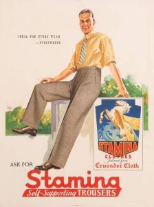 c1950s poster, "Ask For STAMINA, Self-Supporting Trousers", artwork by Walter Jardine (1884-1970), colour process lithograph, signed in image centre left, size 102x76cm, linen-backed.