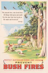 c1950s poster, "Protect Australian Birds And Animals/ Prevent/ BUSH FIRES", artwork by Harper, issued by the NSW Bush Fire Committee, size 73x48cm, linen-backed.