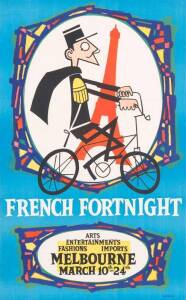c1956 poster, "FRENCH FORTNIGHT, Arts, Entertainment, Fashions, Imports, MELBOURNE, March 10th-24th", artwork by Newnham, colour lithograph, size 101 x 63cm, linen-backed.