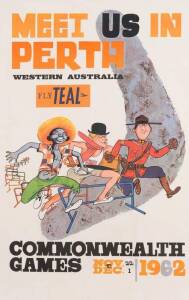 1962 TEAL travel poster, "MEET US IN PERTH, Western Australia. Fly TEAL. COMMONWEALTH GAMES, Nov 22- Dec 1, 1962", colour process lithograph, size 101x64cm, linen-backed.