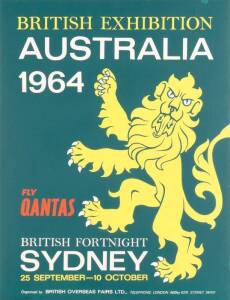 1964 Qantas travel poster, "British Exhibition/ AUSTRALIA/ 1964/ Fly Qantas", colour process lithograph, size 37x48cm, linen-backed.