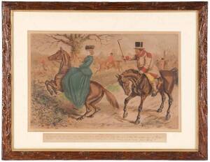 JOHN LEACH, The old fox hunter, A friendly mount, Gone away, three 19th century hand coloured prints with inscriptions by the artist , in naturalistic branch carved frames, image size 45 x 65cm, frame size 67 x 87cm