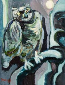 European School, Owl under moon light, signed and dated 60 lower left, 57 x 45cm