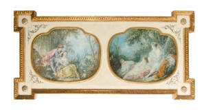 Decorative twin paneled print (94 x 46cm); plus a decorative gilt framed mirror with hand painted panel. 139 x 60cm