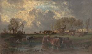 19th century European SchoolCows in landscapeOil on canvas dated 1864 monogram F.V76 x 46cm