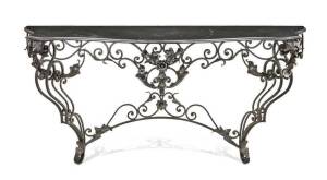 A French wrought iron marble topped console table.&nbsp;92cm high, 176cm wide, 42cm deep