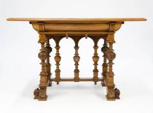 WALNUT CENTRE TABLE: Mid 19th century with quarter veneered top & cross banded edge. Ornate turned & carved undercarriage with decorative acanthus carved & scrolling feet. 76cm high, 80cm deep, 120cm wide.&nbsp;VG condition