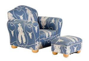 Two upholstered child's chairs & ottomans, with cowboy pattern covers