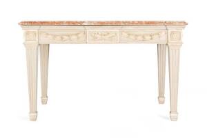 A George III style carved green and cream painted marble top table