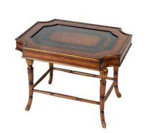 A decorative lamp table with insert glass top (height 50cm, width 67cm, depth 51cm); plus a regency style drop-side occasional table. (2 items)