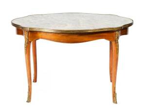 French coffee table, marble top with ormolu mounts on cabreole legs, 20th century. Height 51cm, width 81cm, depth 55cm&nbsp;