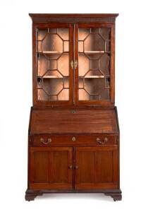 SECRETAIRE BOOKCASE: Georgian mahogany Sheraton style astragal glazed bookcase top with fall front 2 door base, late 18th century. Height 223cm, width 107cm, depth 57cm
