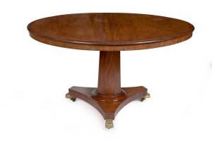SUPPER TABLE: Regency mahogany circular dining table, octagonal tapering column, triform base with brass claw feet. Height 76cm, diameter 134cm