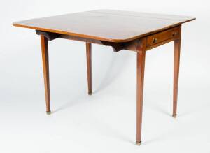 PEMBROKE TABLE: English Regency mahogany drop-side table with string inlay on brass feet. Height 72cm, width 55cm, depth 89cm